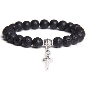 Natural Black Onyx Beads Bracelet Fashion Volcanic Lava Beaded Religion Cross Pendant Charm Bracelet for Women Men Yoga Jewelry