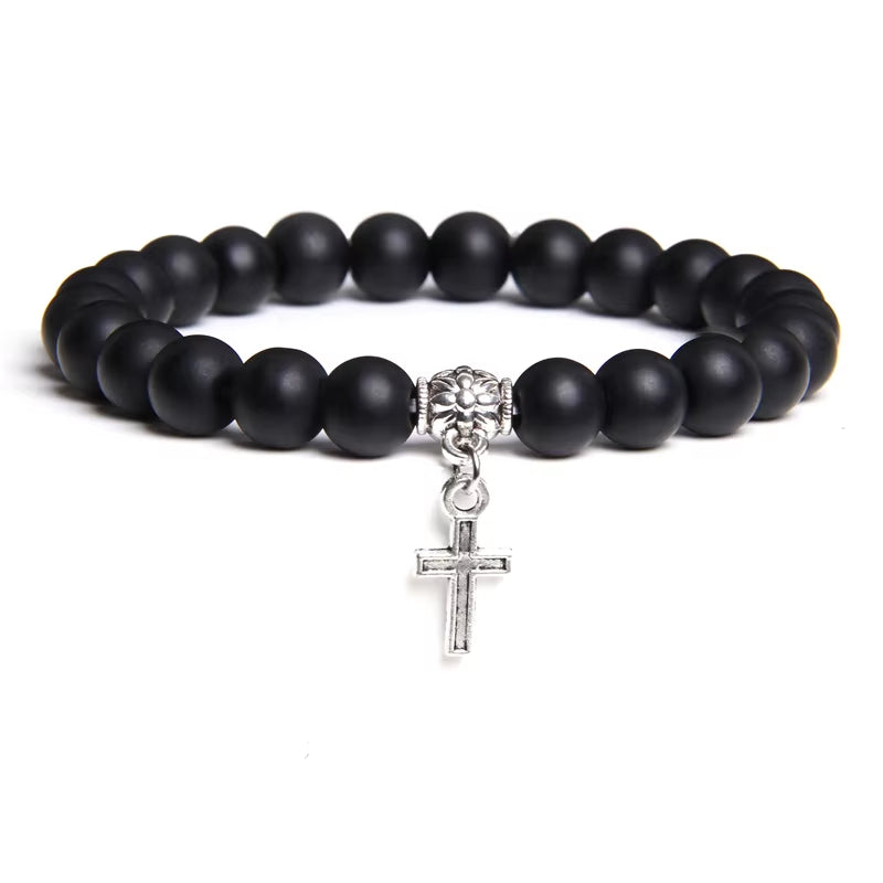 Natural Black Onyx Beads Bracelet Fashion Volcanic Lava Beaded Religion Cross Pendant Charm Bracelet for Women Men Yoga Jewelry