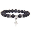 Natural Black Onyx Beads Bracelet Fashion Volcanic Lava Beaded Religion Cross Pendant Charm Bracelet for Women Men Yoga Jewelry