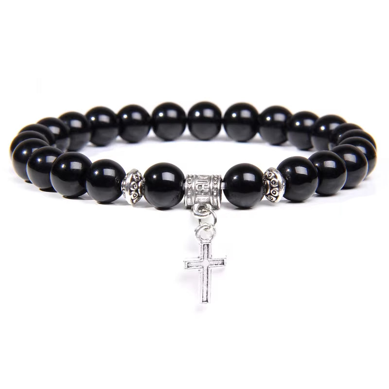 Natural Black Onyx Beads Bracelet Fashion Volcanic Lava Beaded Religion Cross Pendant Charm Bracelet for Women Men Yoga Jewelry