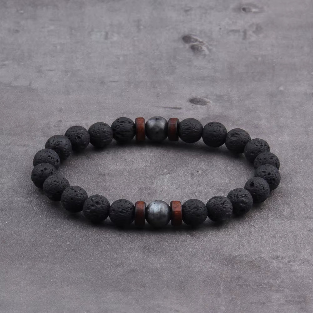 Fashion Natural Lava Stone Wooden Beads Energy Yogi Elastic Stand Bracelet Bangle for Men Accessorie Jewelry Valentine Gift
